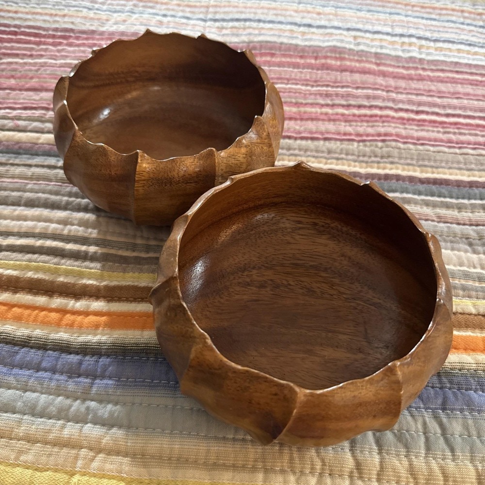 2 Vtg Alii Woods Wooden Bowls Genuine Monkey Pod Philippine Scalloped Edges